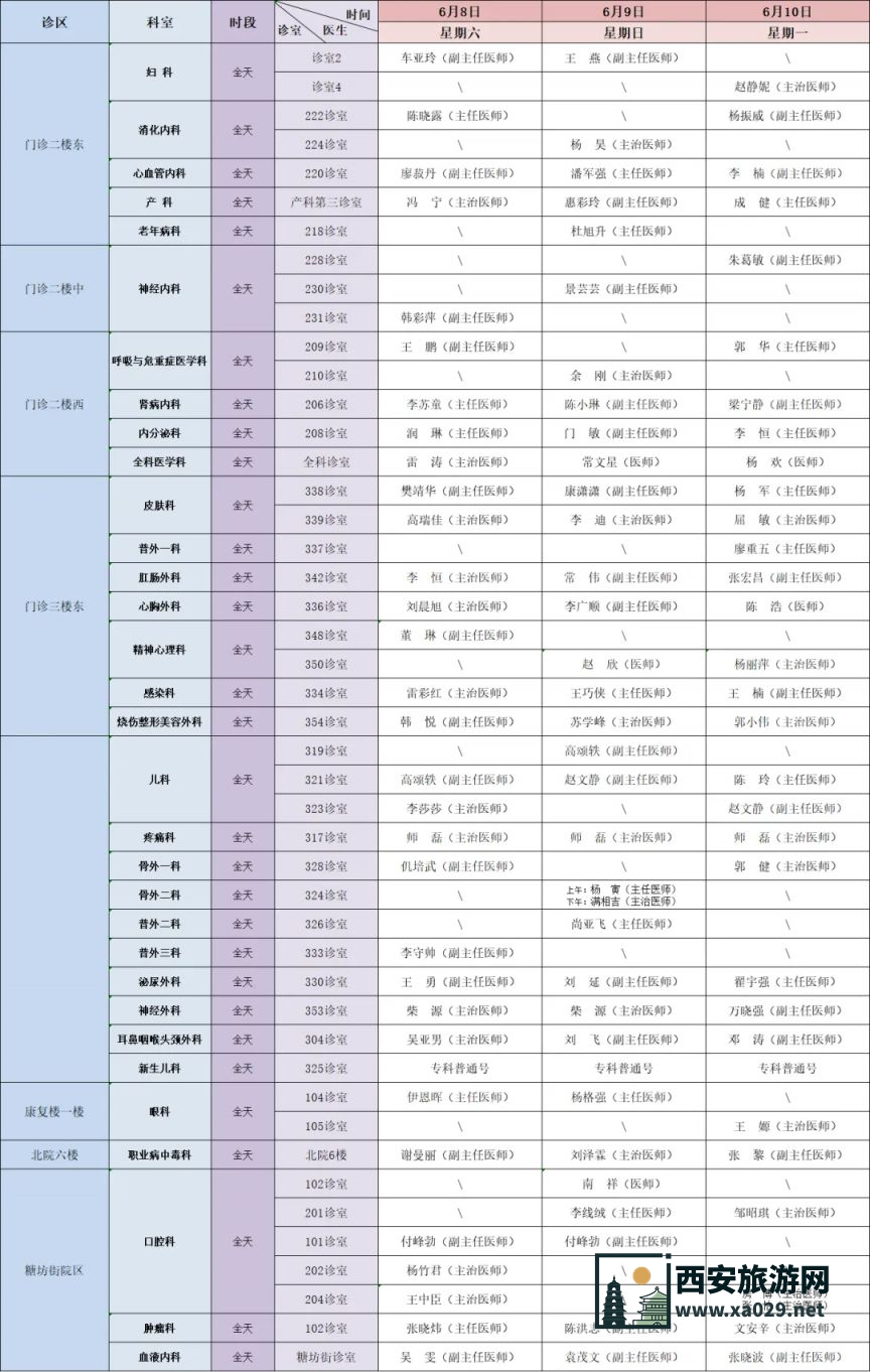 西安市中心医院2024年端午期间门诊医生出诊时间表及电话一栏