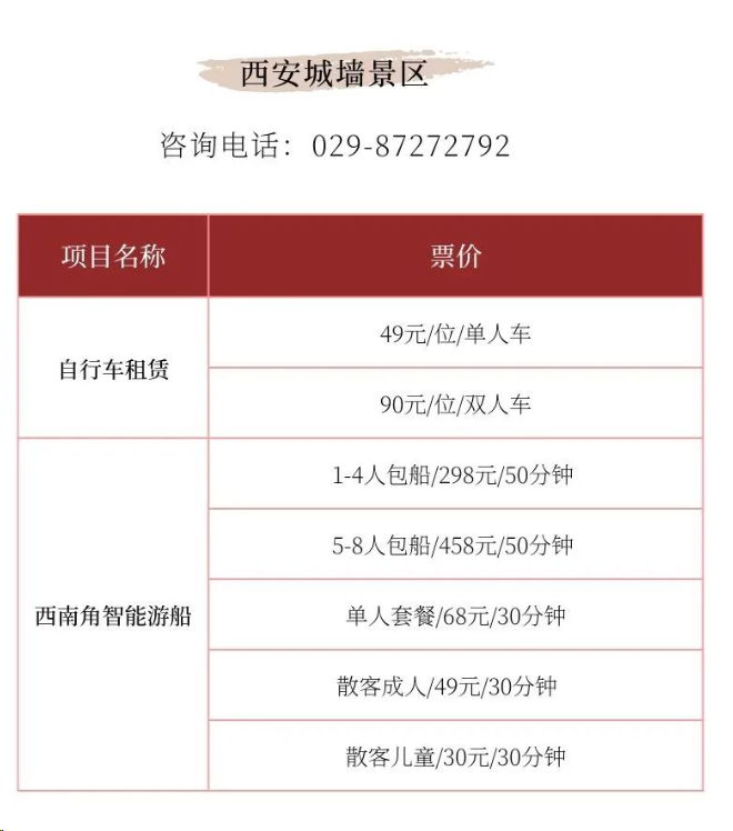 西安城墙自行车租赁及西南角智能游船收费标准